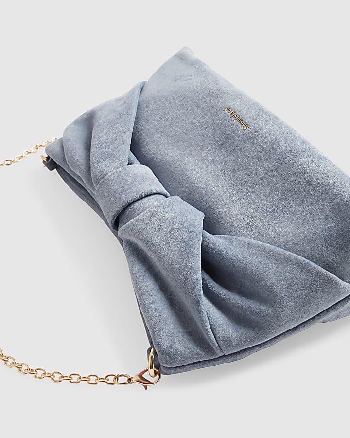 Blue Faux Suede Bow Clutch Bag