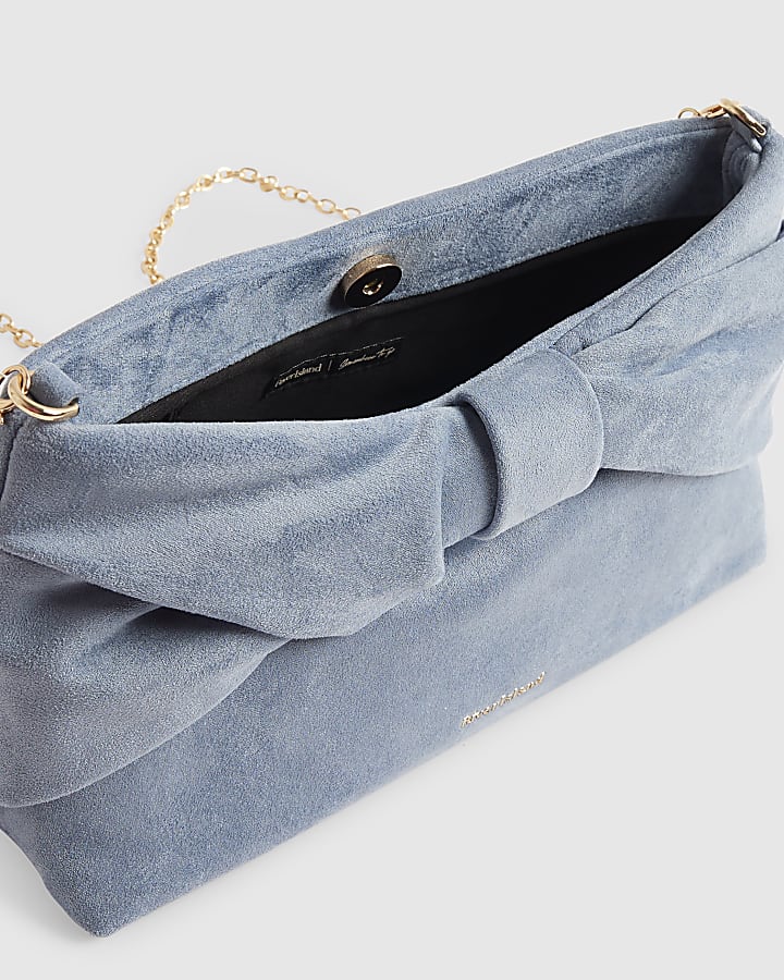 Blue Faux Suede Bow Clutch Bag