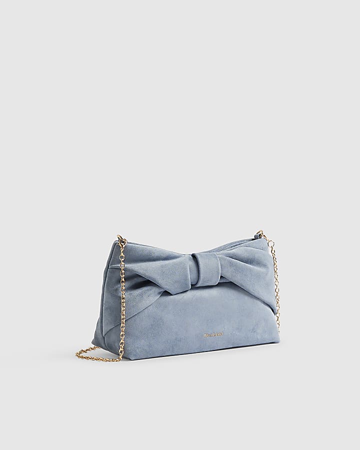 Blue Faux Suede Bow Clutch Bag