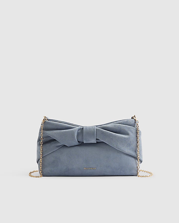 Blue Faux Suede Bow Clutch Bag
