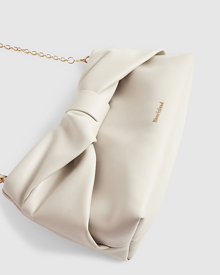 Cream Faux Leather Bow Clutch Bag