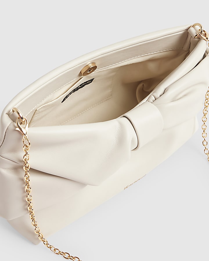 Cream Faux Leather Bow Clutch Bag