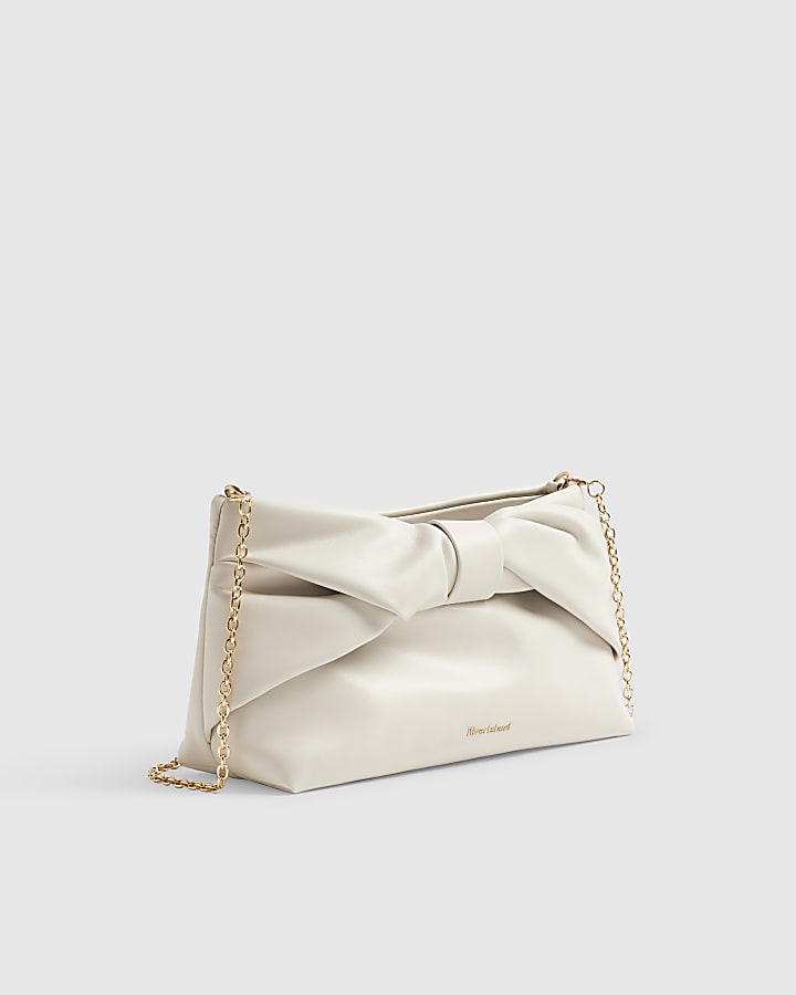 Cream Faux Leather Bow Clutch Bag
