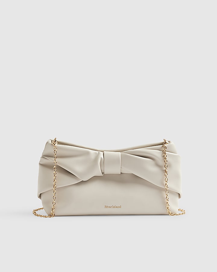 Cream Faux Leather Bow Clutch Bag