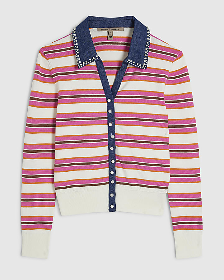 Pink Stripe Hybrid Denim Knit Top
