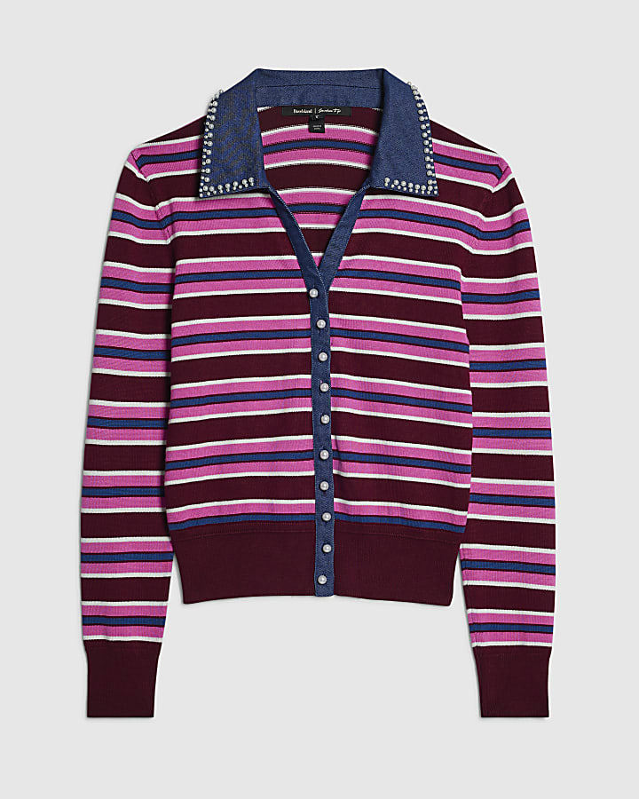 Burgundy Stripe Hybrid Denim Knit Top