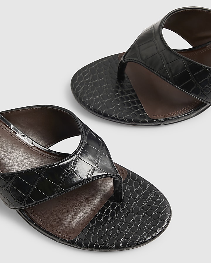 Black Croc Toe Thong Heeled Mules