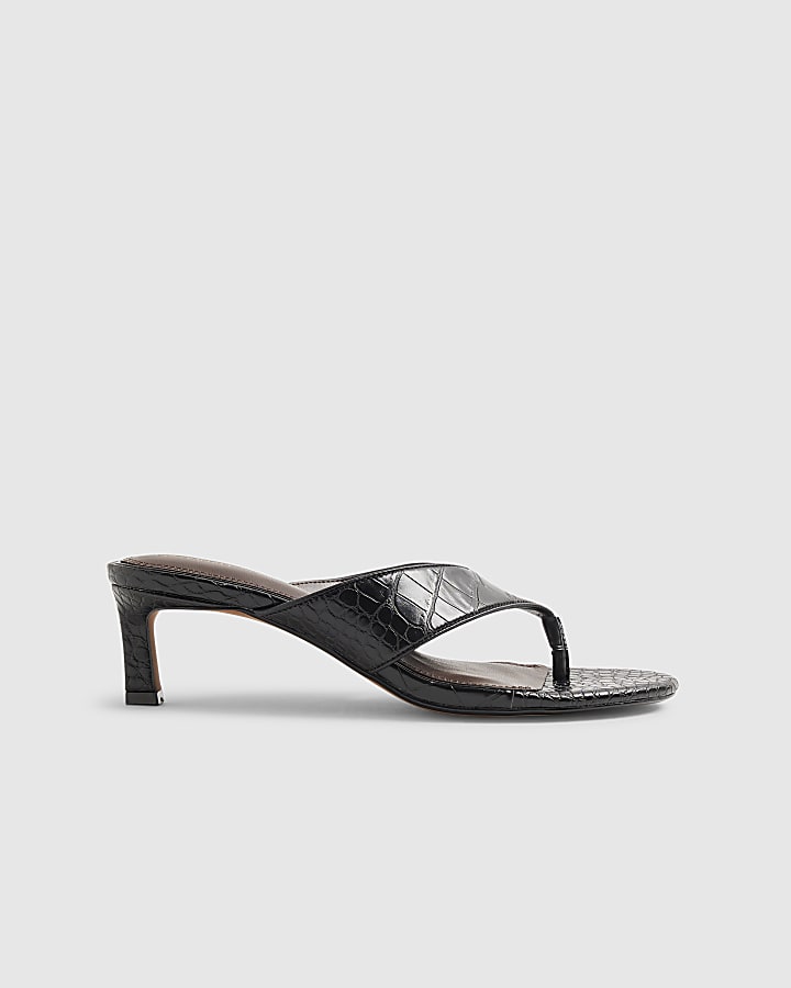 Black Croc Toe Thong Heeled Mules