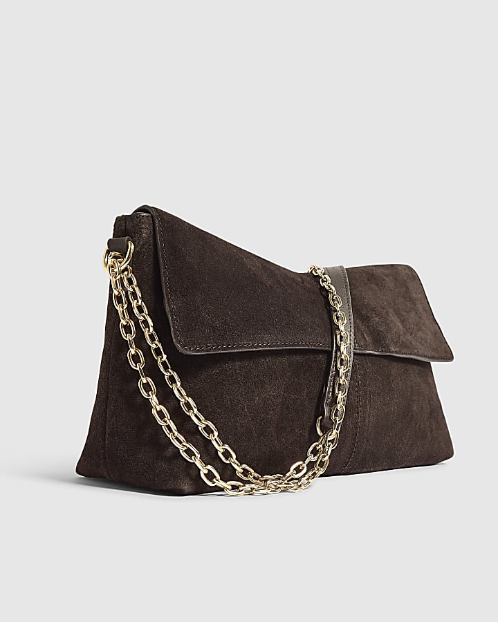 Brown Chain Handle Suede Shoulder Bag