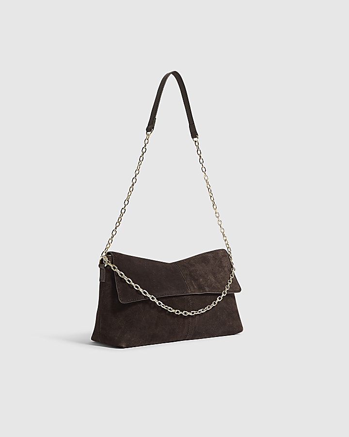 Brown Chain Handle Suede Shoulder Bag