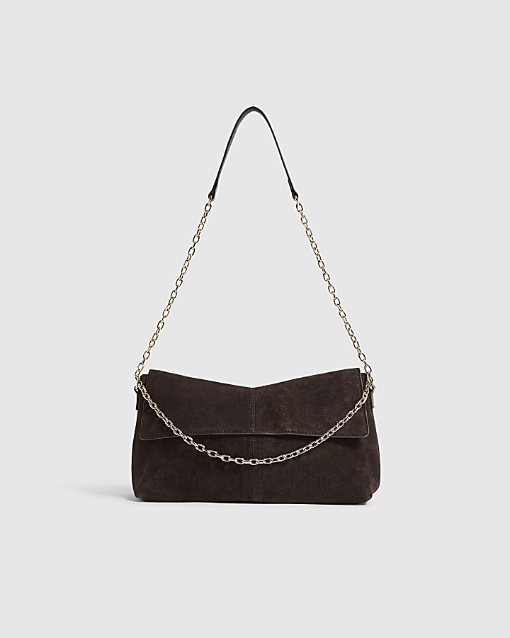 Brown Chain Handle Suede Shoulder Bag
