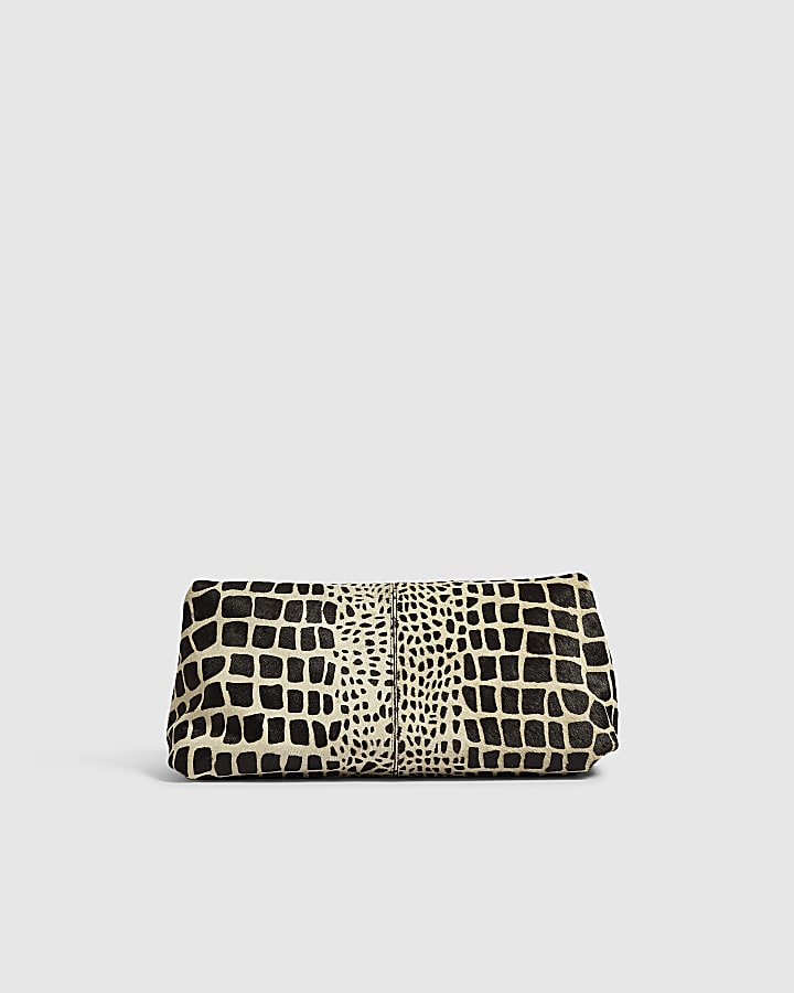 Black Animal Print Hair On Leather Clutch Bag