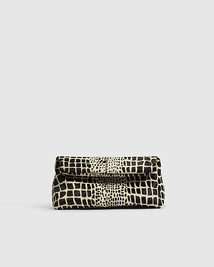 Black Animal Print Hair On Leather Clutch Bag