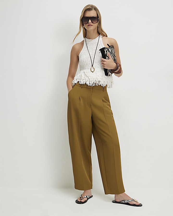 Khaki Drapey Barrel Leg Trousers