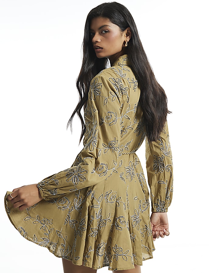 Green Cotton Floral Embroidered Shirt Dress