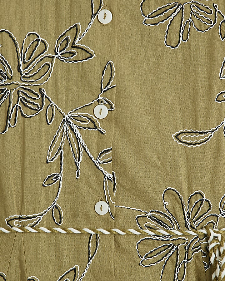 Green Cotton Floral Embroidered Shirt Dress
