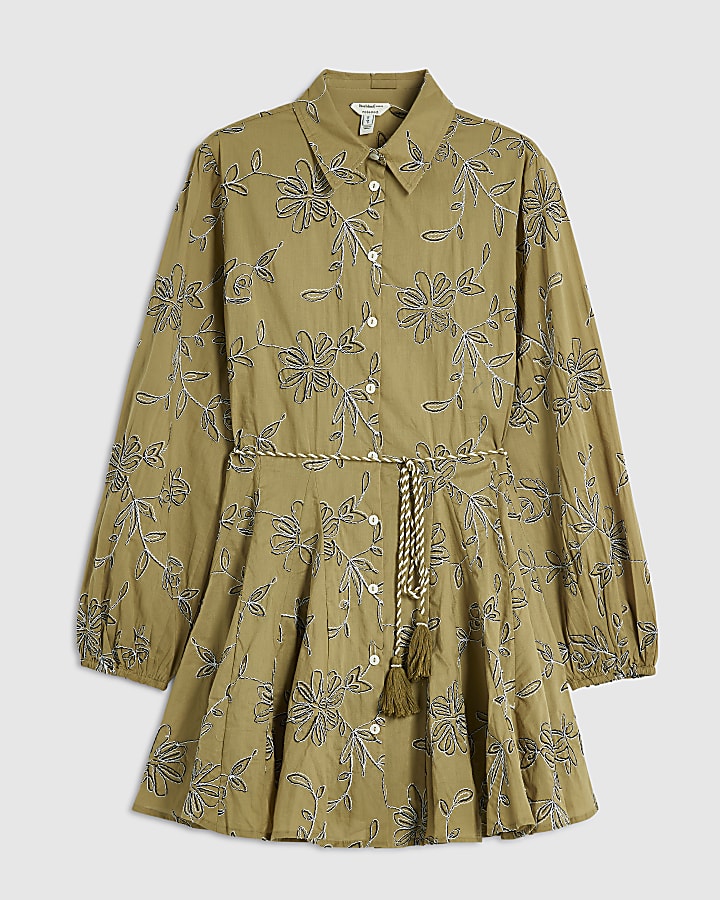 Green Cotton Floral Embroidered Shirt Dress