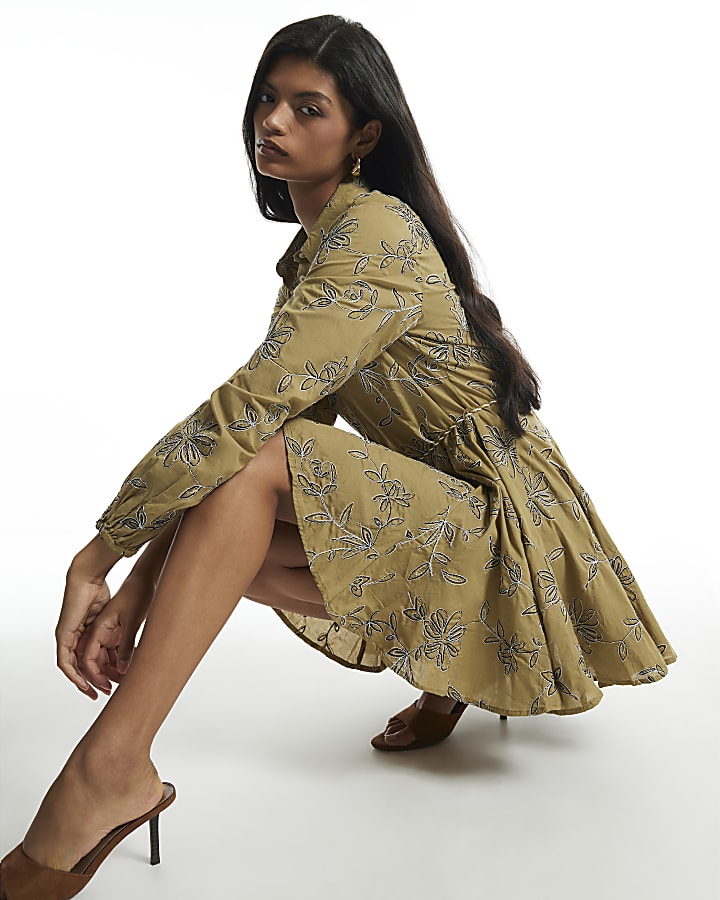 Green Cotton Floral Embroidered Shirt Dress