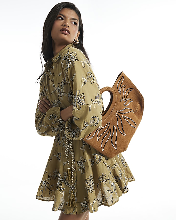 Green Cotton Floral Embroidered Shirt Dress