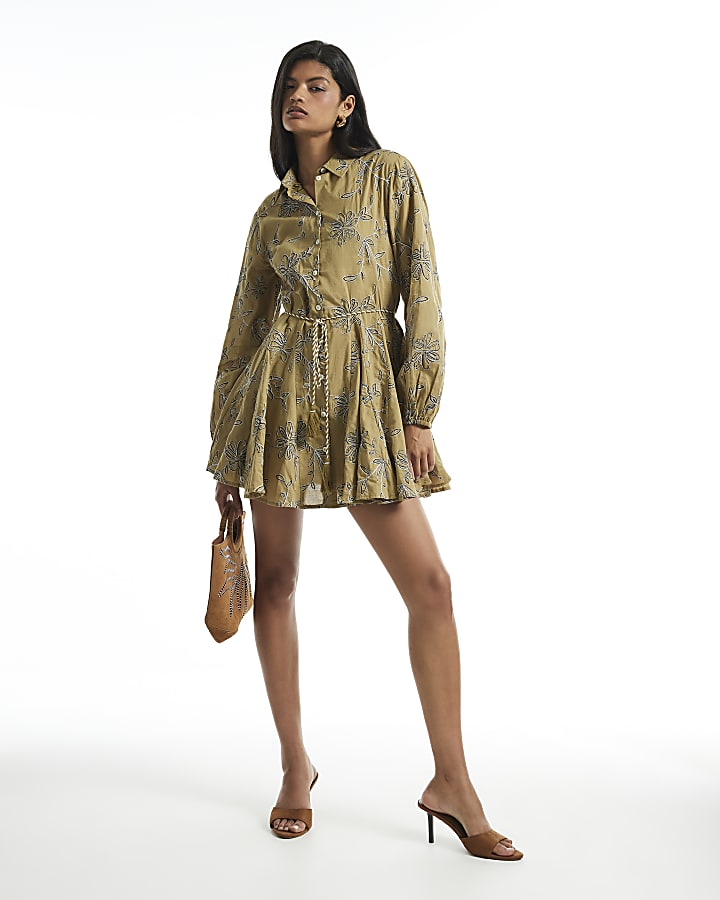 Green Cotton Floral Embroidered Shirt Dress