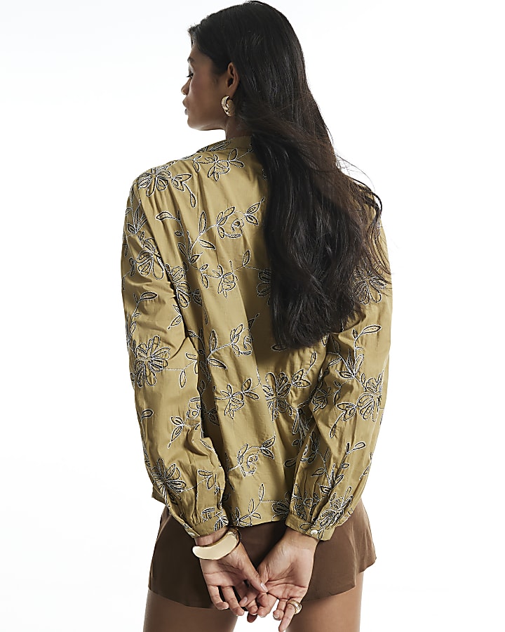 Green Cotton Floral Embroidered Blouse