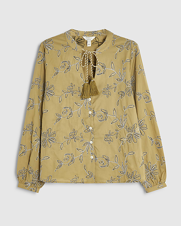 Green Cotton Floral Embroidered Blouse