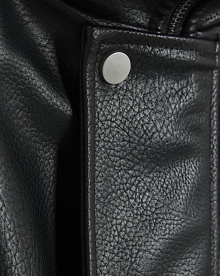 Black Faux Leather Funnel Neck Biker Gilet