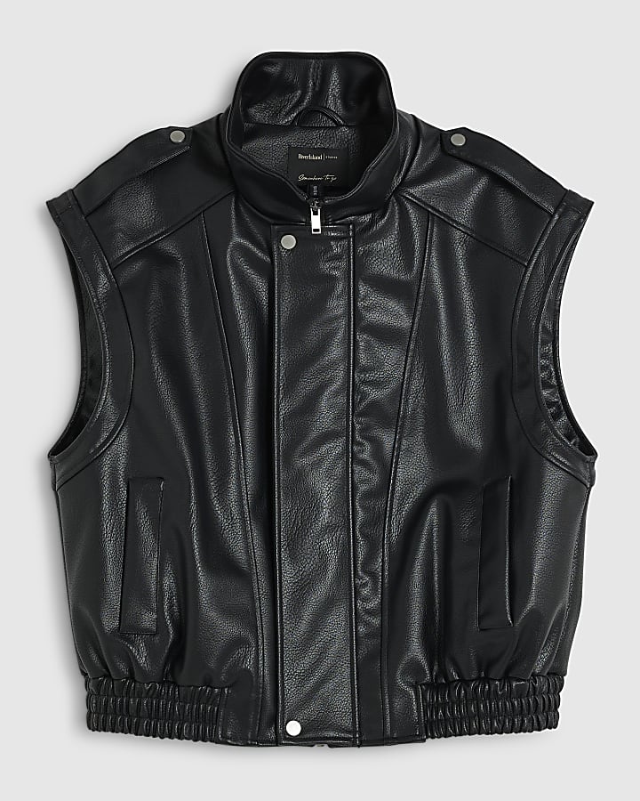 Black Faux Leather Funnel Neck Biker Gilet