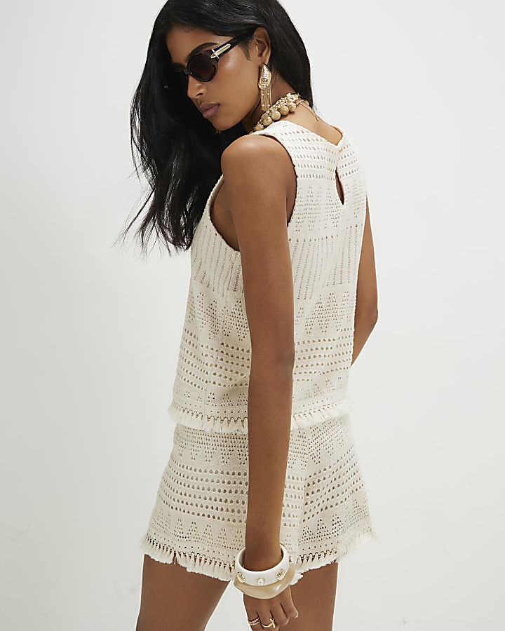 Cream Crochet Fringe Hem Shorts
