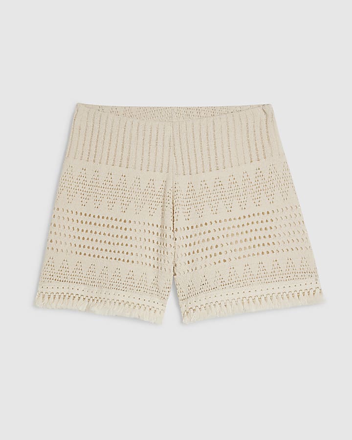 Cream Crochet Fringe Hem Shorts