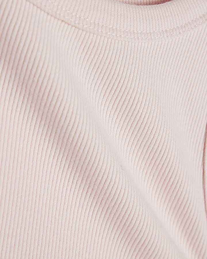 Pink Cotton Blend Sleeveless Ribbed Tank Top