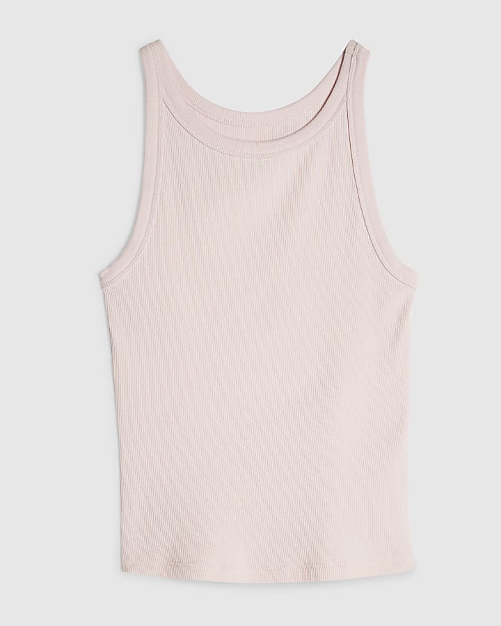 Pink Cotton Blend Sleeveless Ribbed Tank Top