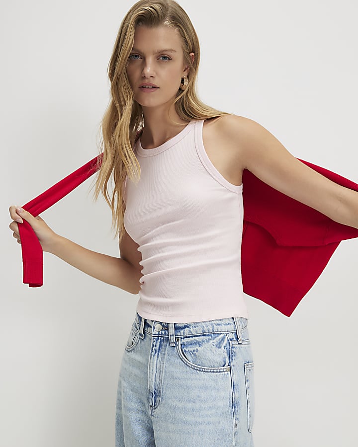 Pink Cotton Blend Sleeveless Ribbed Tank Top
