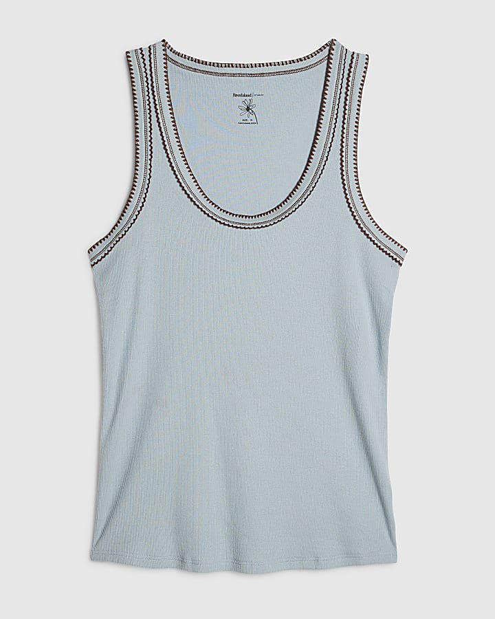 Blue Cotton Blend Whipstitch Tank Top