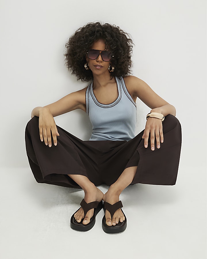 Blue Cotton Blend Whipstitch Tank Top