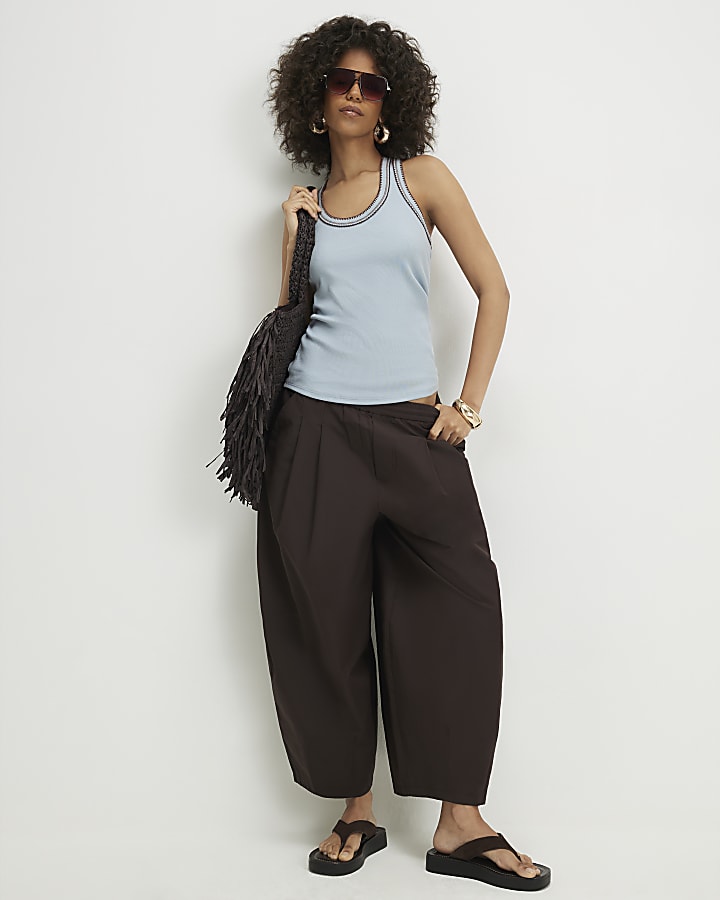 Blue Cotton Blend Whipstitch Tank Top