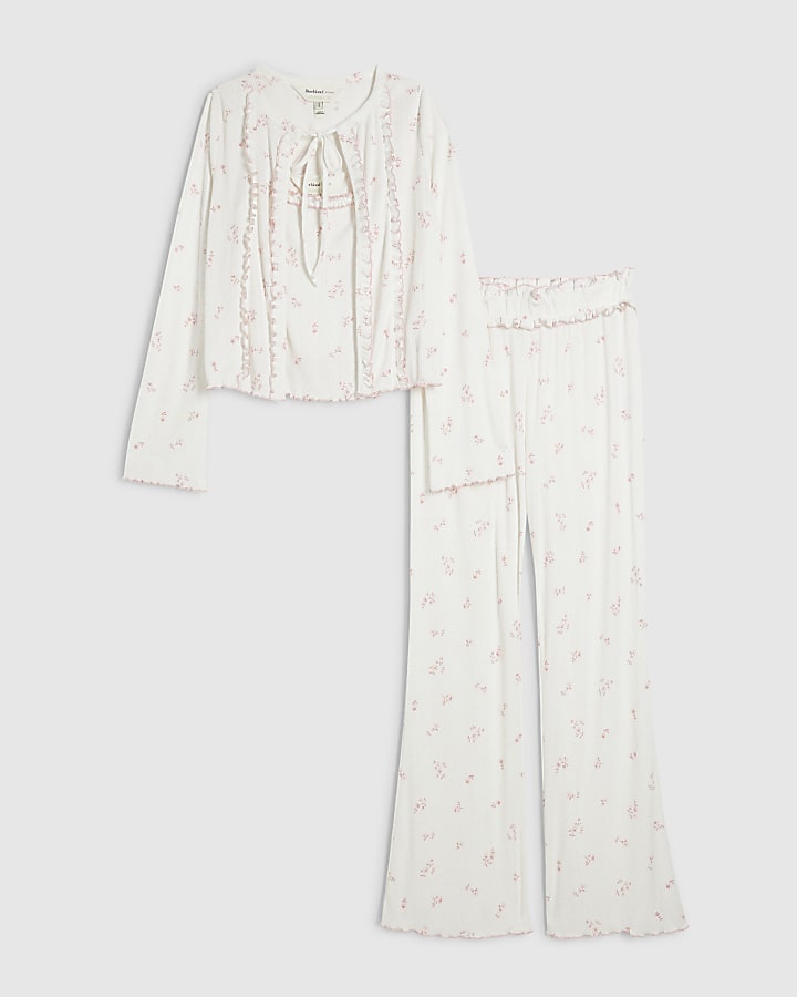 White Ditsy Floral 3 Piece Loungewear Set