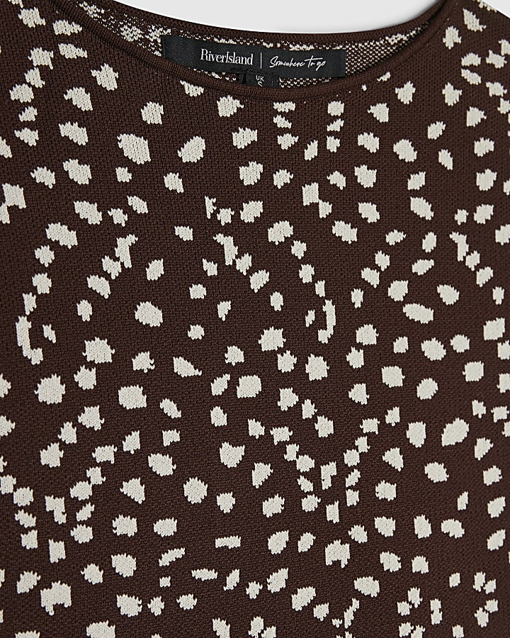 Brown Knit Deer Print Fitted Mini Dress