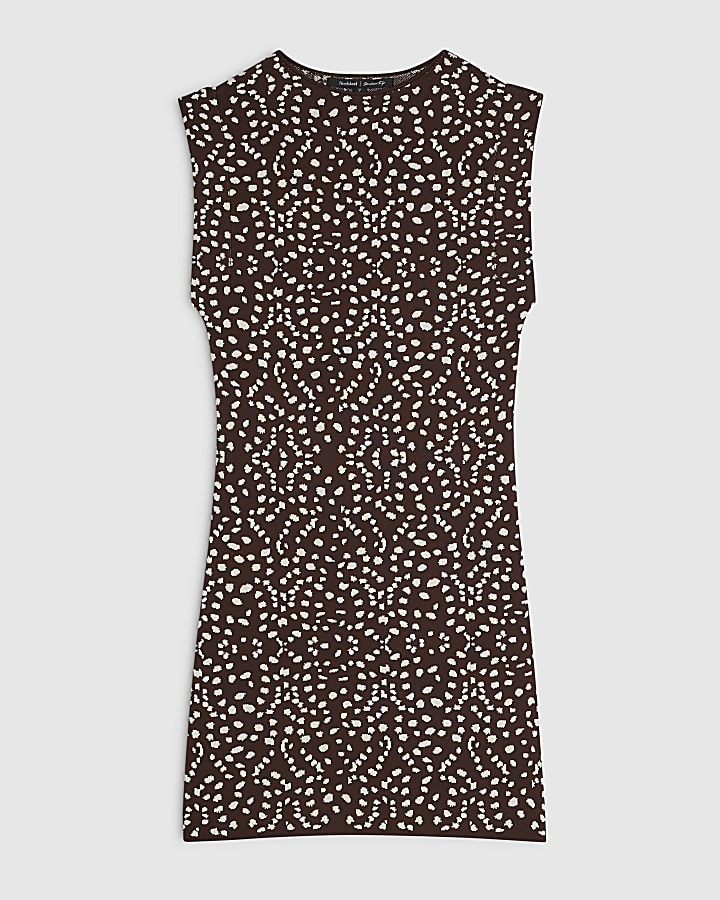 Brown Knit Deer Print Fitted Mini Dress