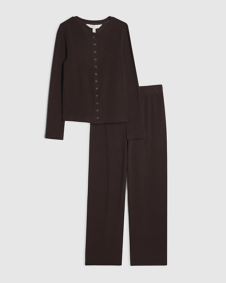 Brown Ribbed Cardigan And Trousers Set