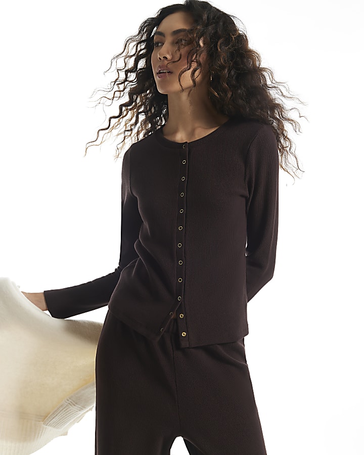 Brown Ribbed Cardigan And Trousers Set