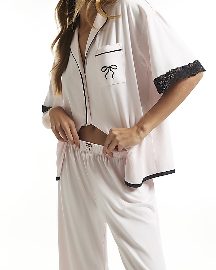 Pink Lace Trim Jersey Pyjamas