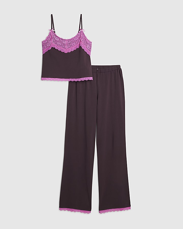 Burgundy Cotton Blend Lace Cami Pyjama Set
