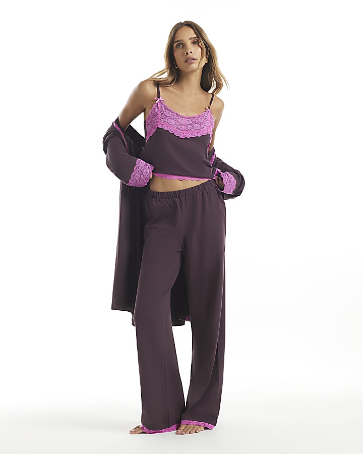 Burgundy Cotton Blend Lace Cami Pyjama Set