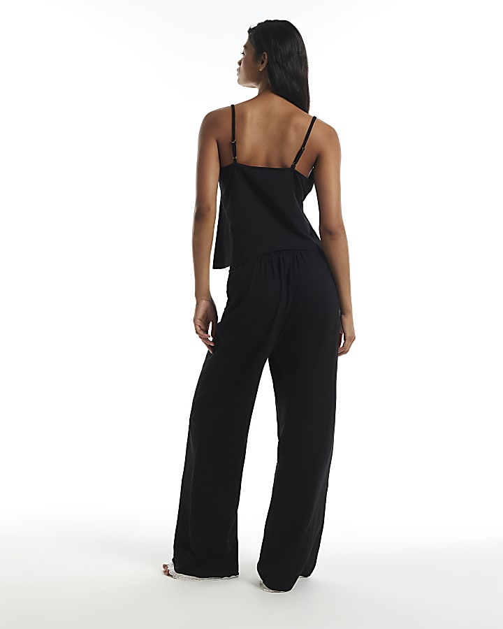 Black Cotton Blend Lace Trim Cami Pyjama Set