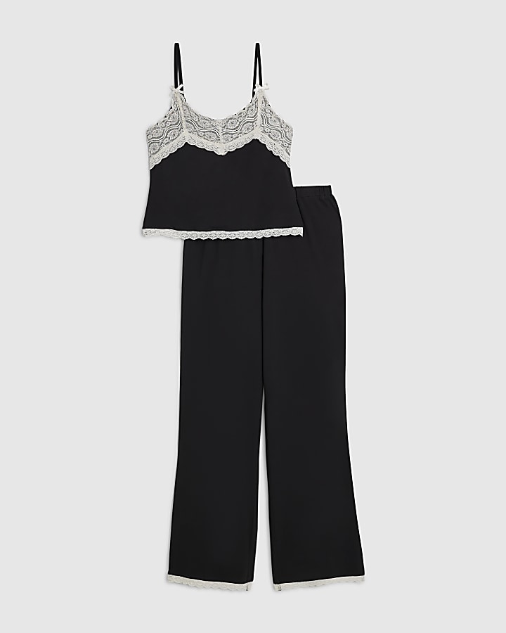 Black Cotton Blend Lace Trim Cami Pyjama Set