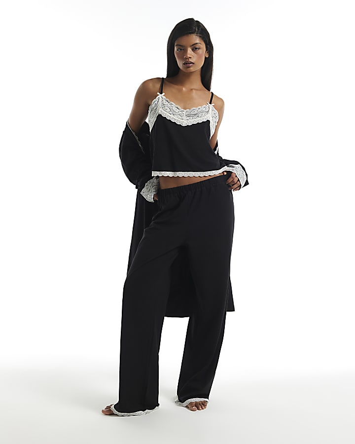 Black Cotton Blend Lace Trim Cami Pyjama Set