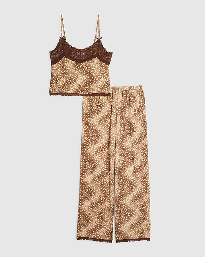Brown Deer Print Lace Trim Cami Pyjama Set