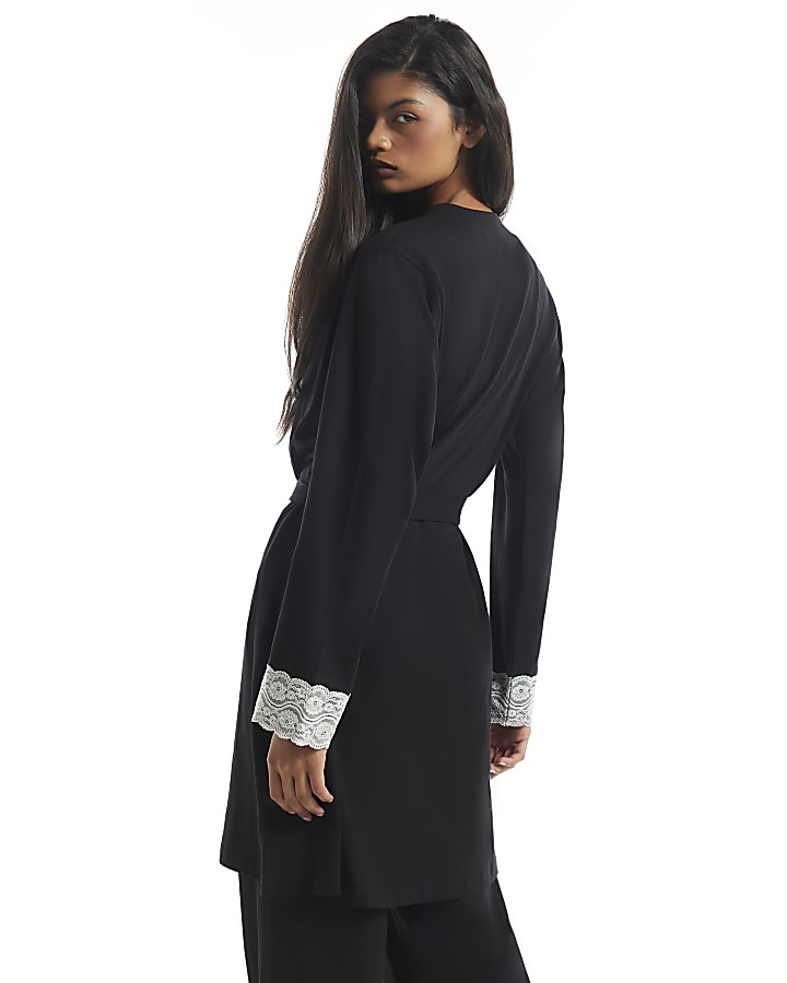 Black Cotton Blend Lace Trim Robe