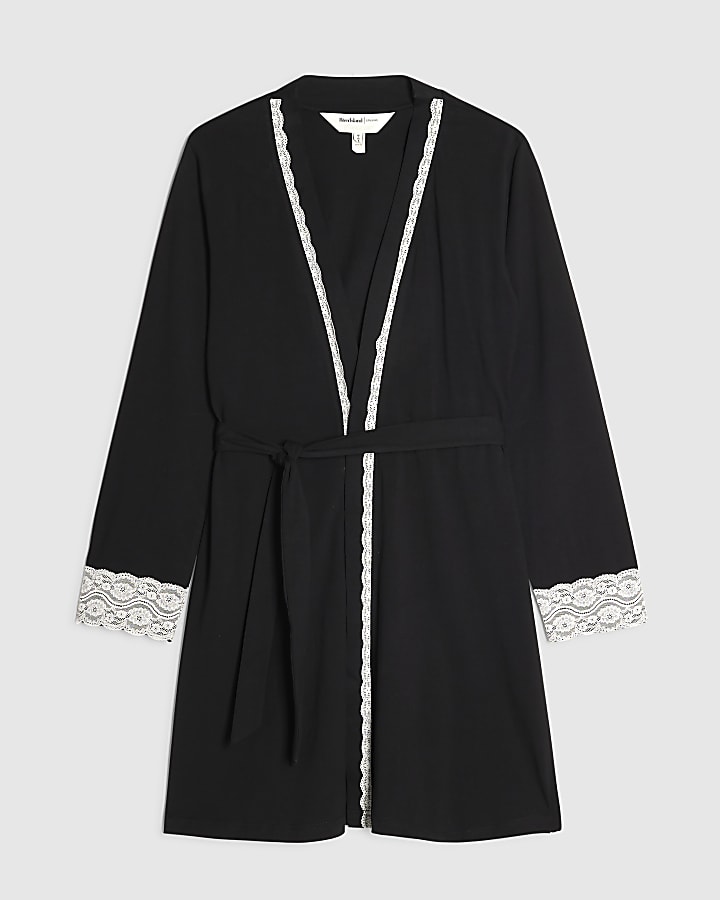 Black Cotton Blend Lace Trim Robe